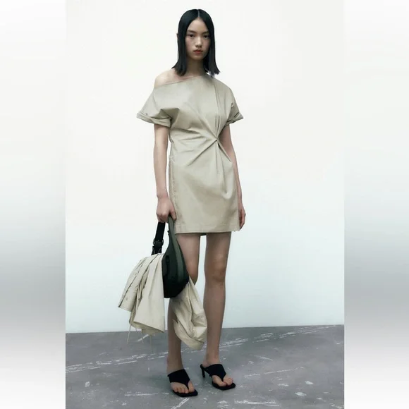Zara | Dresses | Zara Pleated Asymmetric Dress Light Khaki Size Xs New With  Tags